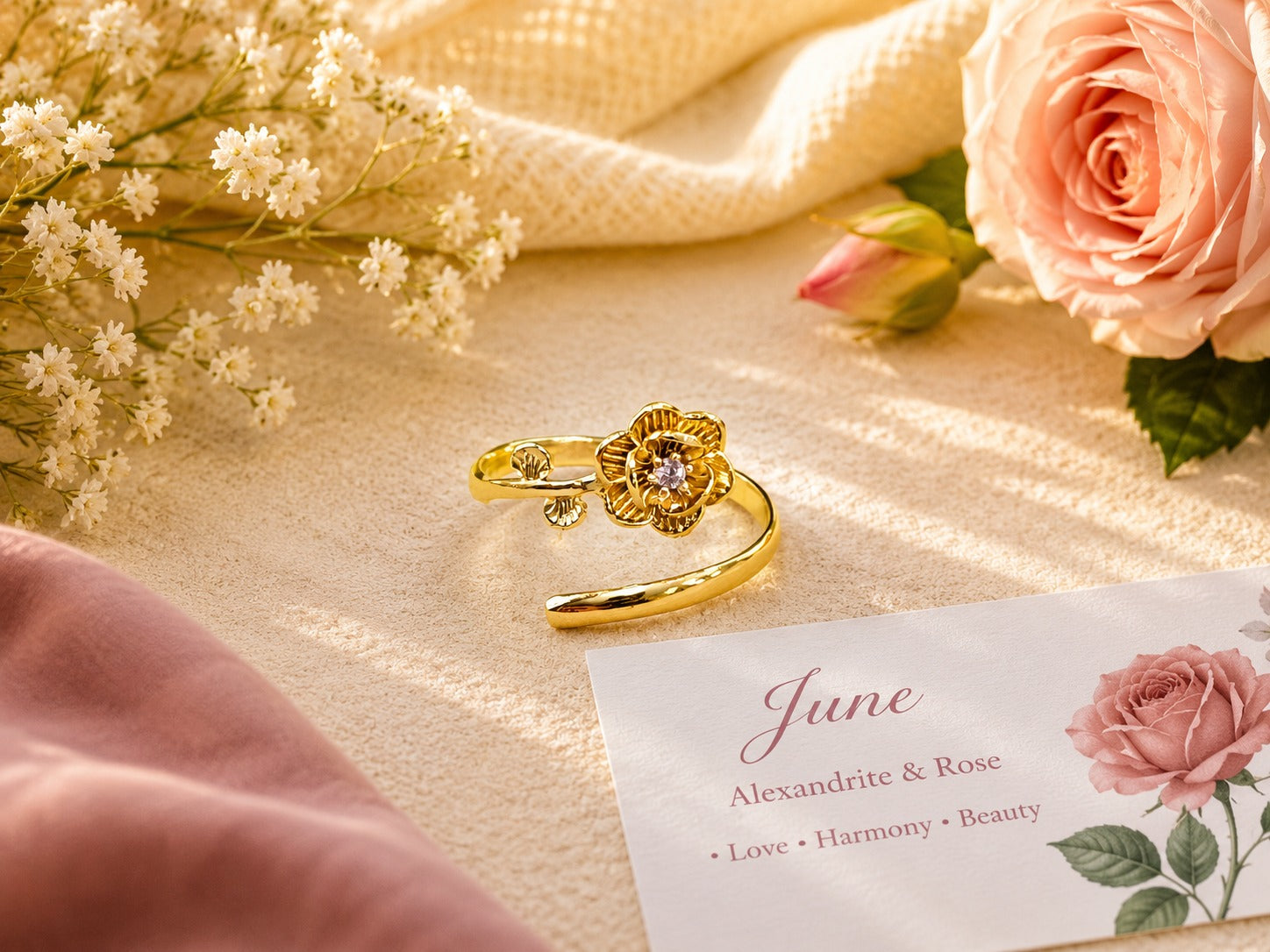 June Birth Flower Ring – Rose & Alexandrite
