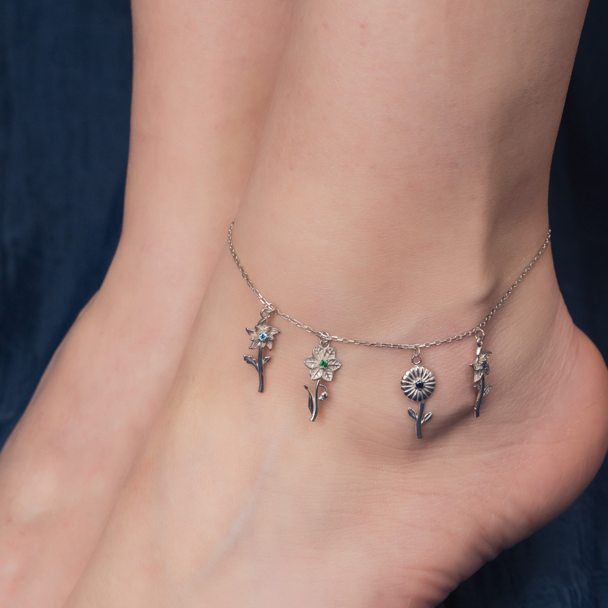 Dainty Birth Flower Anklet with Birthstone