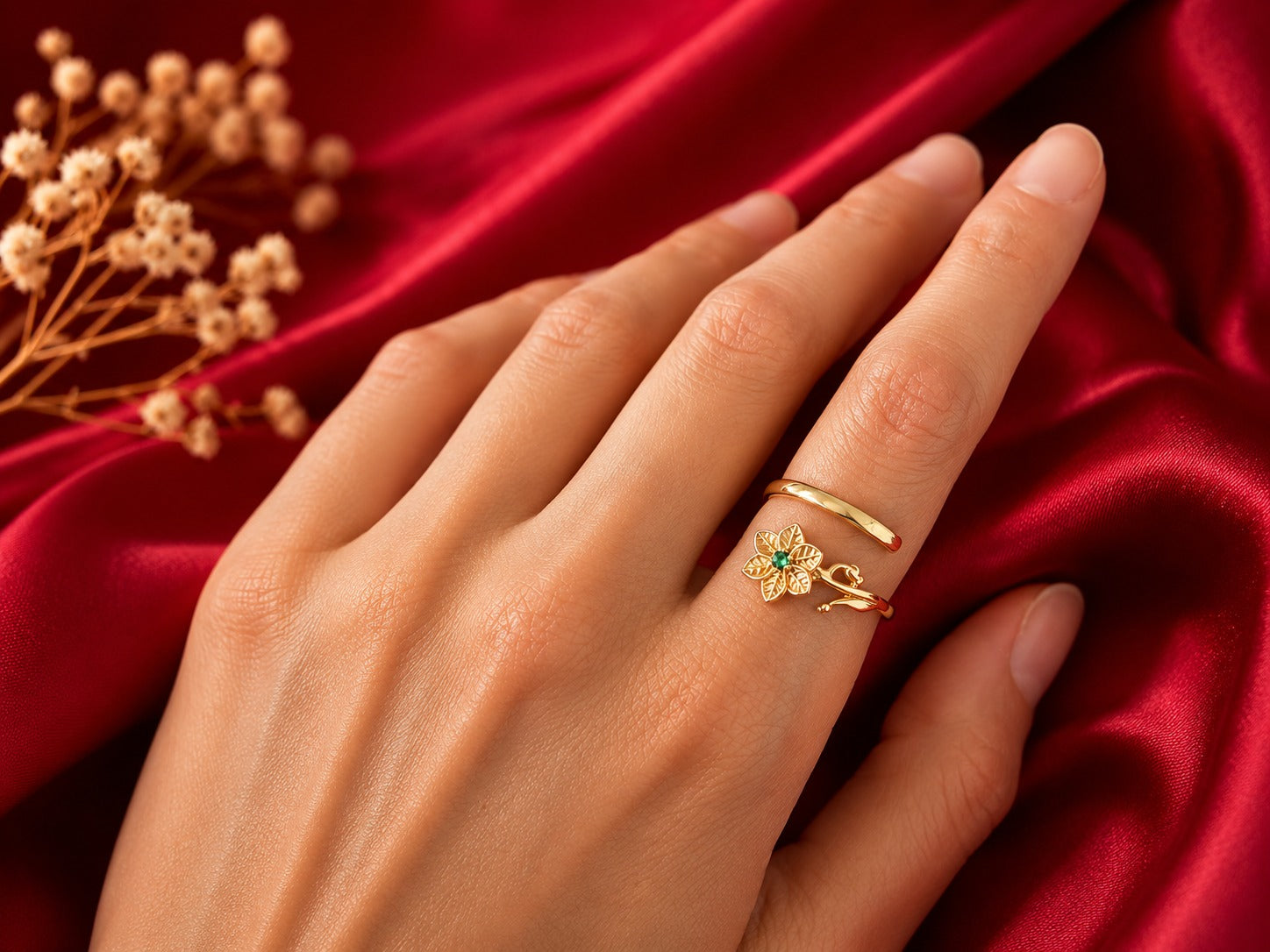 May Birth Flower Ring – Lily of the Valley & Emerald