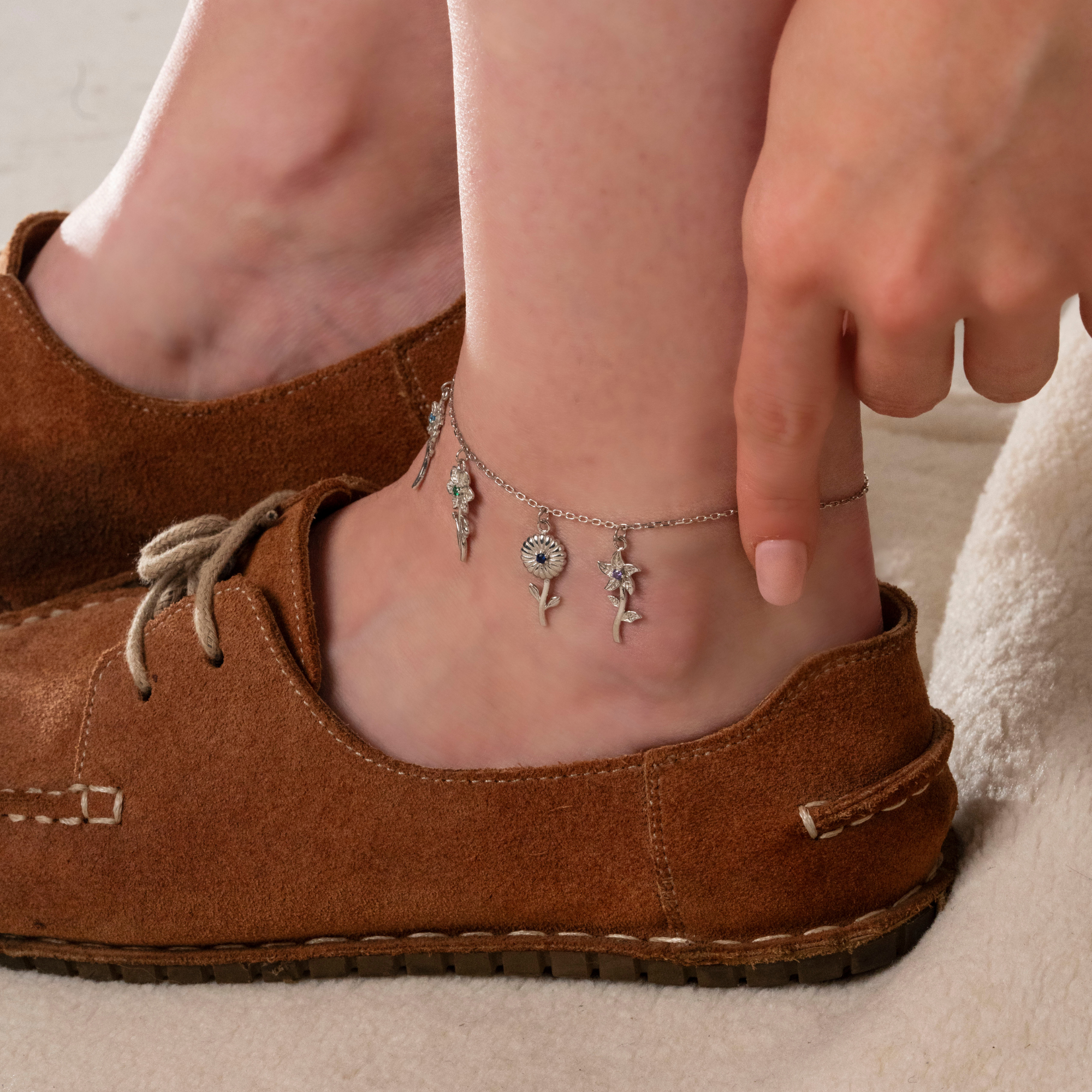 Dainty Birth Flower Anklet with Birthstone