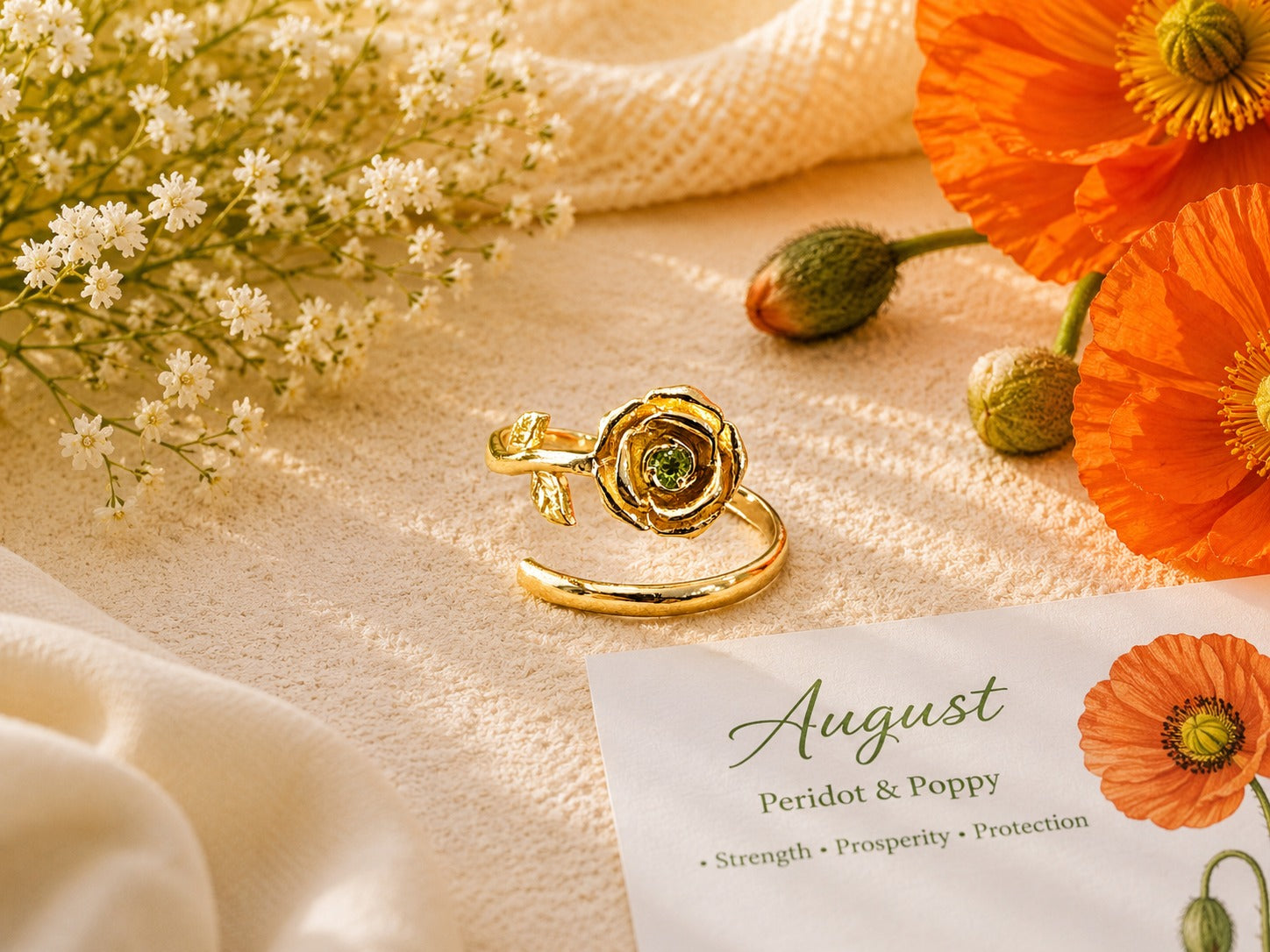 August Birth Flower Ring – Poppy & Peridot