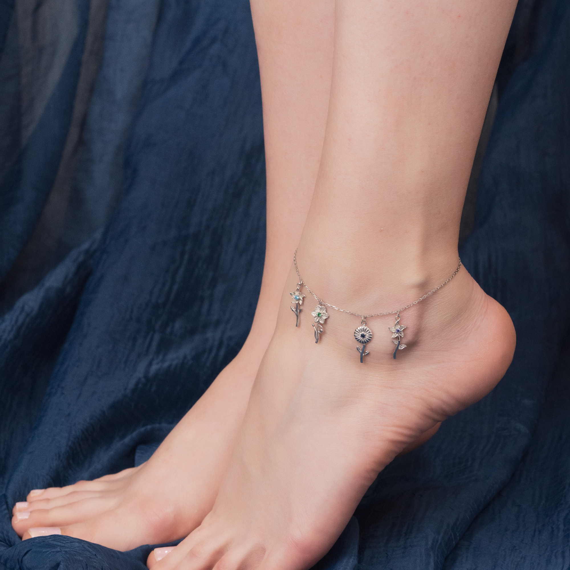 Dainty Birth Flower Anklet with Birthstone