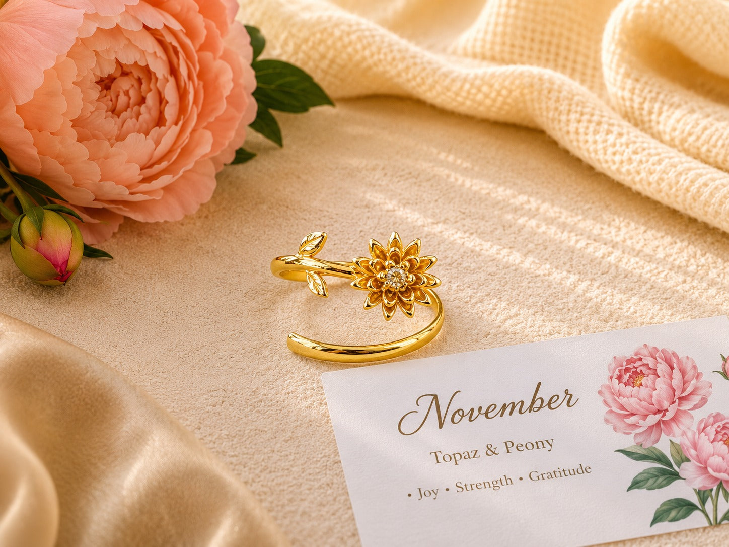 November Birth Flower Ring – Peony & Topaz