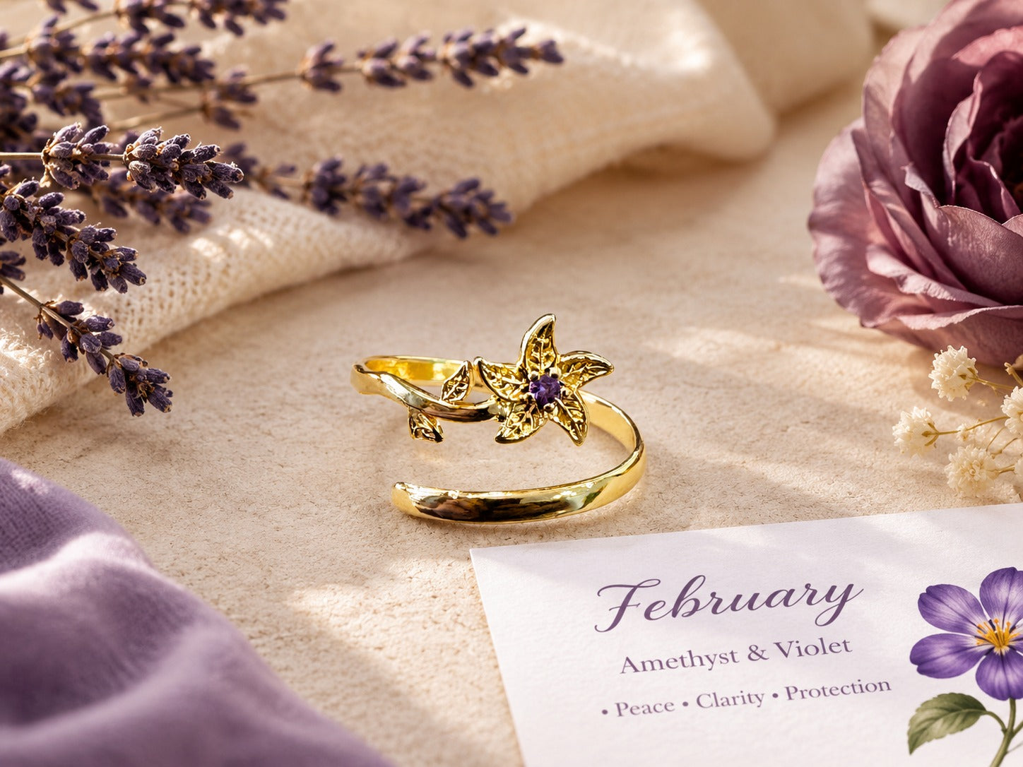 February Birth Flower Ring – Violet & Amethyst
