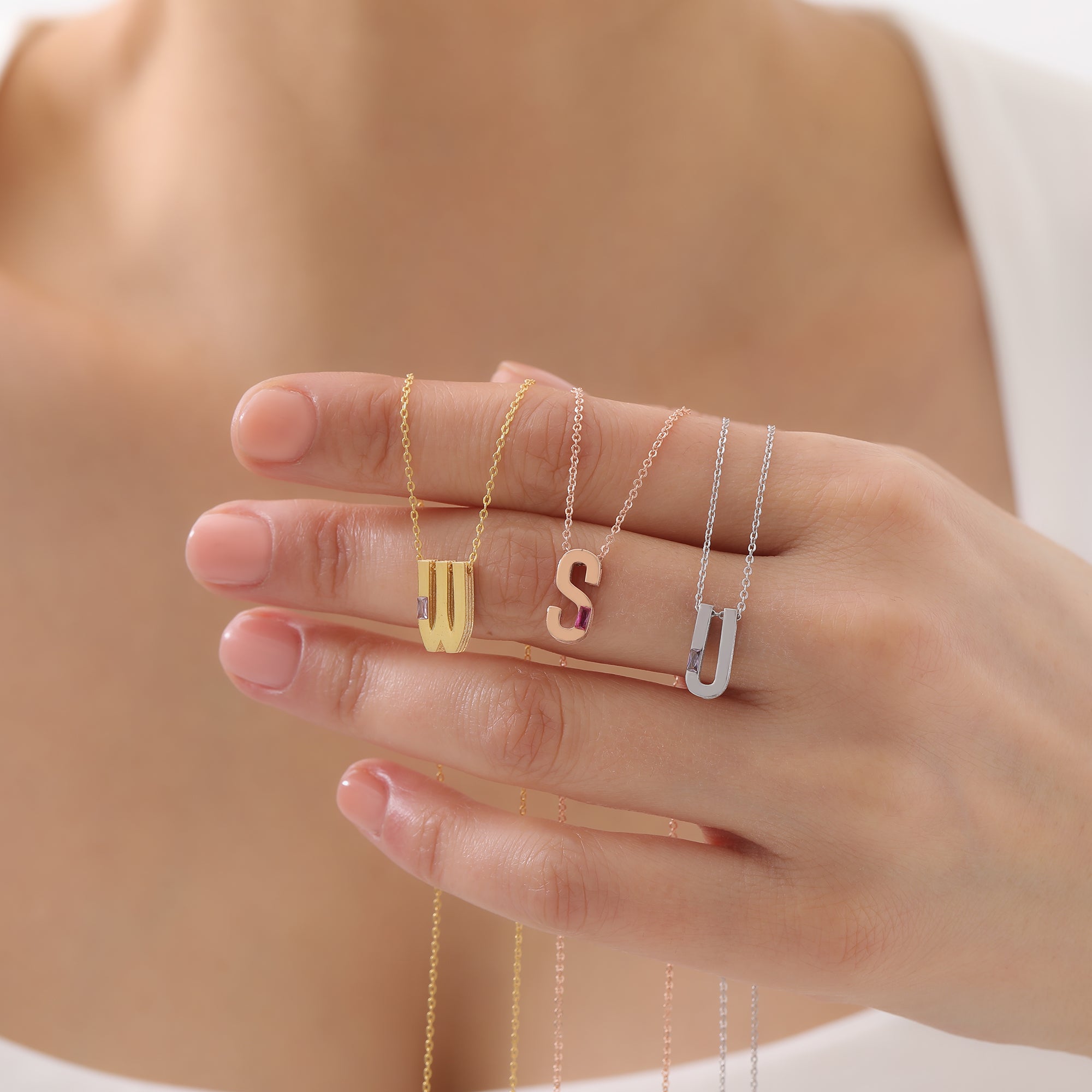 Dainty Initial Letter Necklace with Baguette Stone