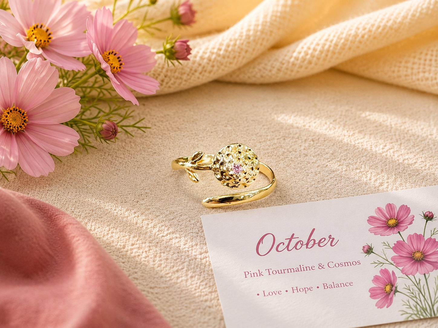 October Birth Flower Ring – Cosmos & Pink Tourmaline