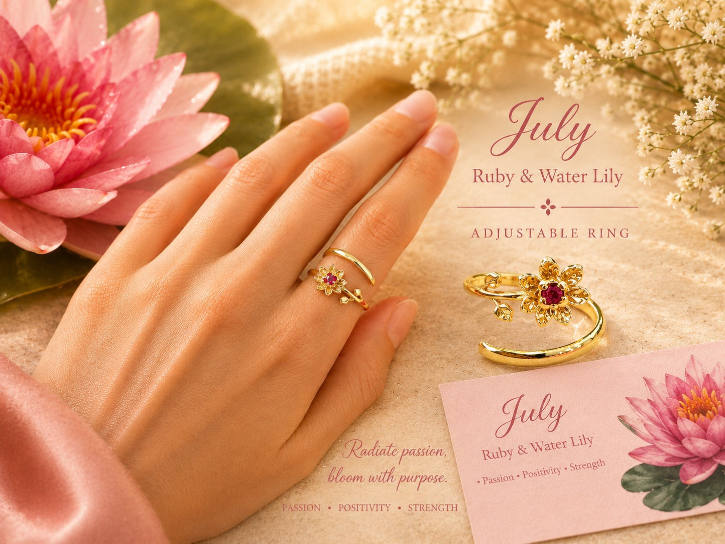 July Birth Flower Ring – Water Lily & Ruby