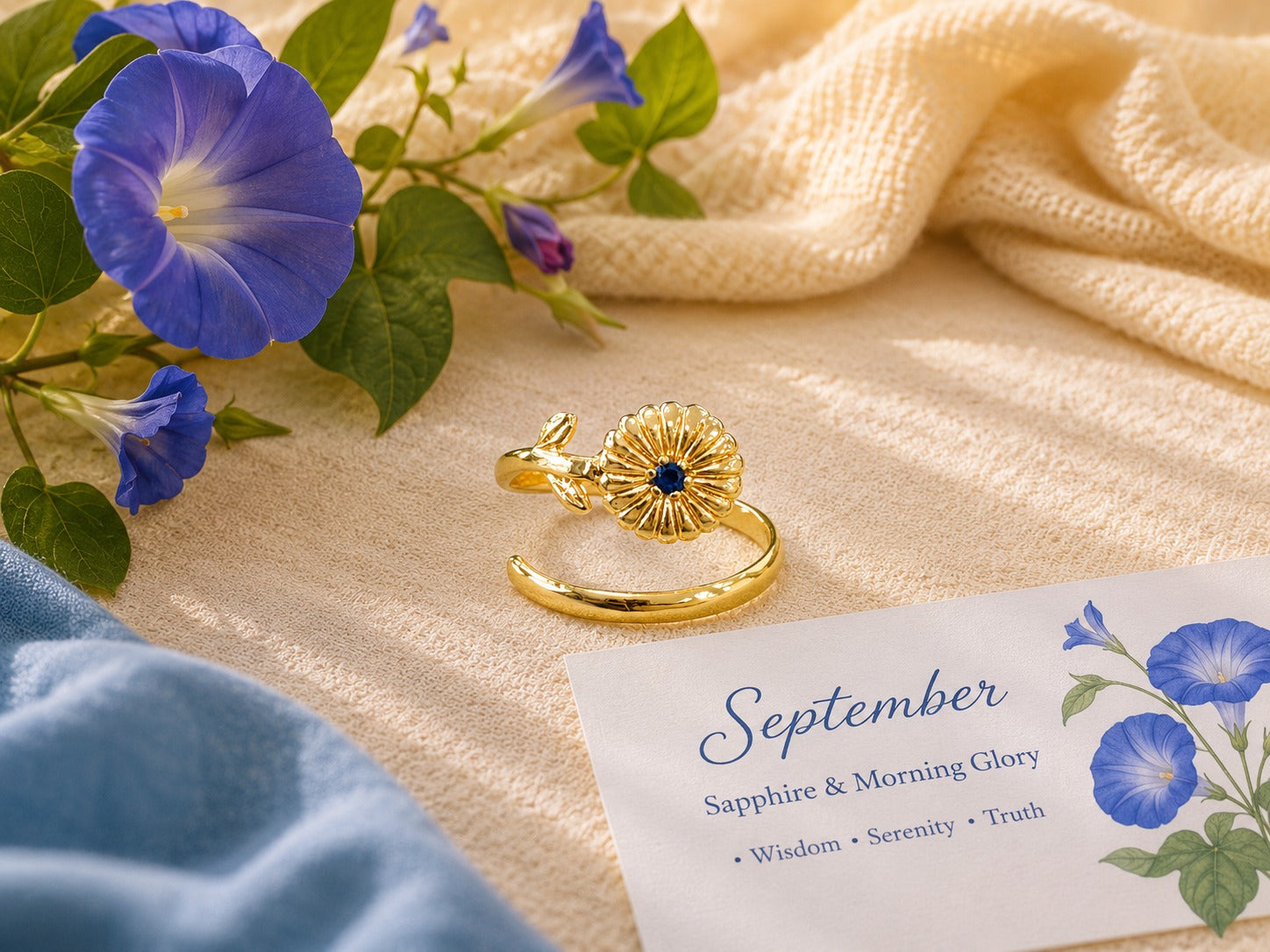 September Birth Flower Ring – Morning Glory & Sapphire
