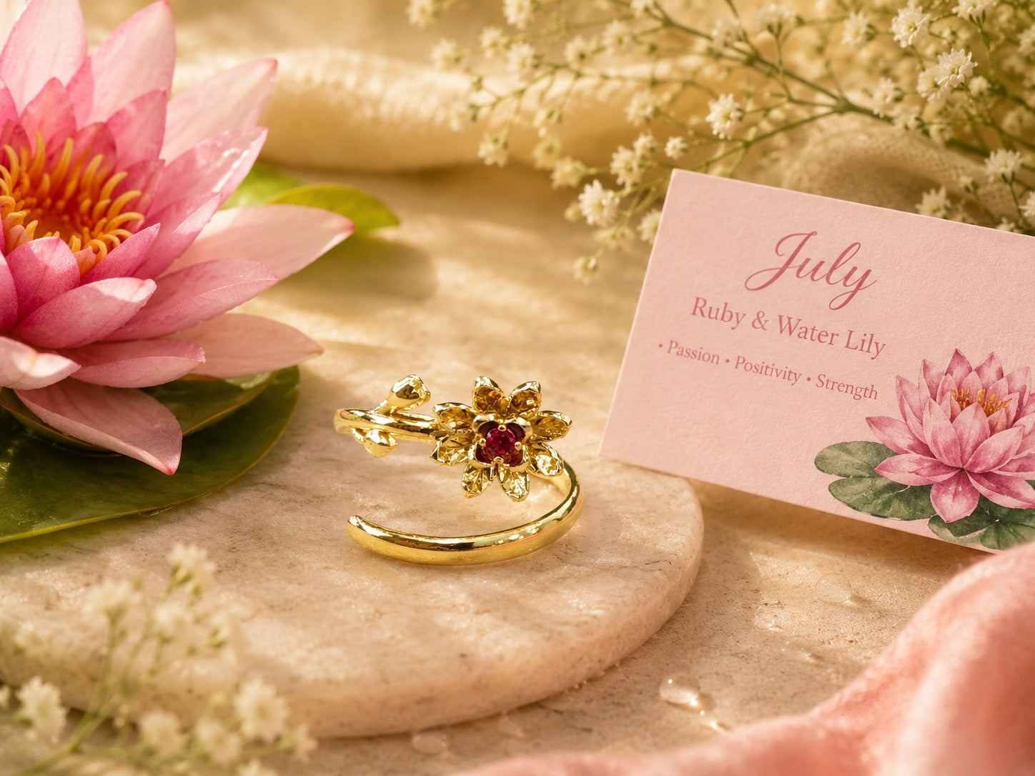 July Birth Flower Ring – Water Lily & Ruby