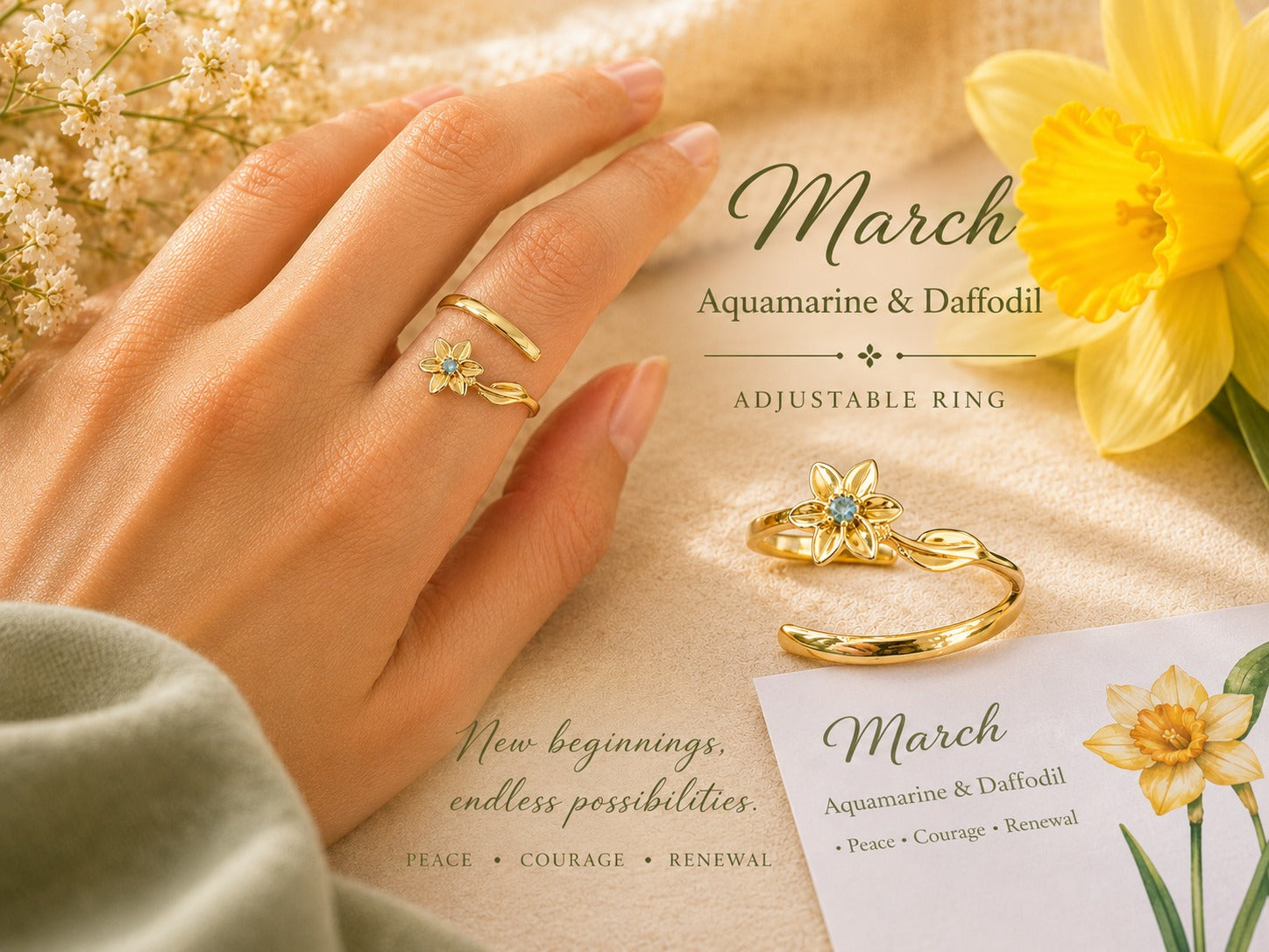 March Birth Flower Ring – Daffodil & Aquamarine