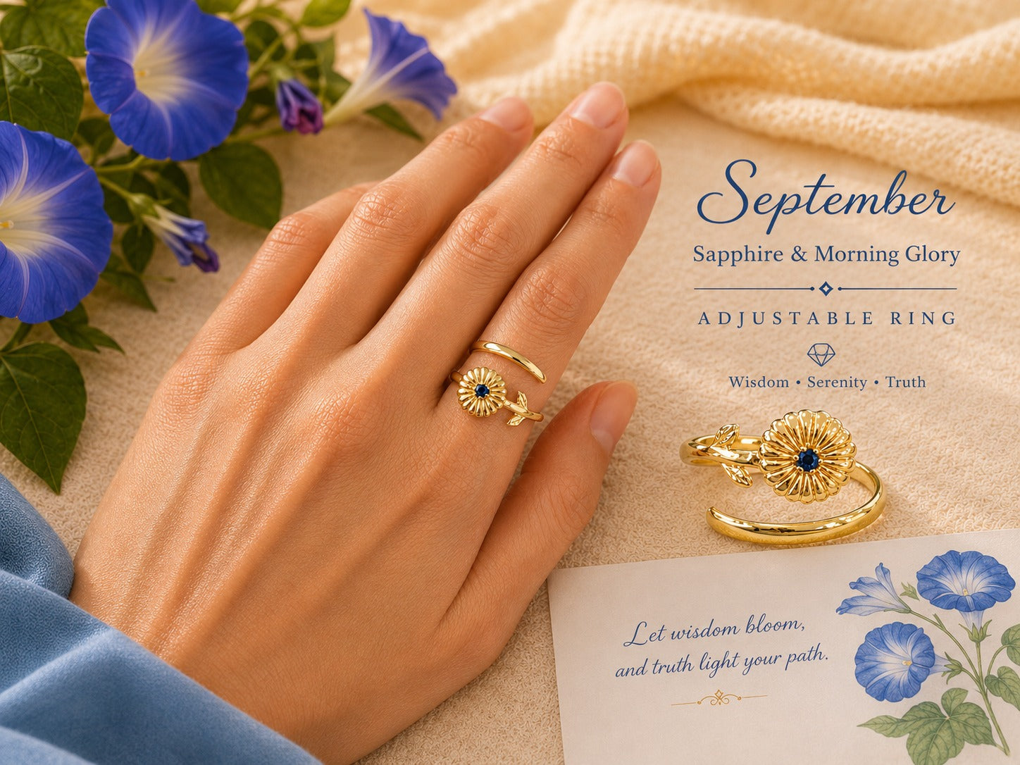 September Birth Flower Ring – Morning Glory & Sapphire
