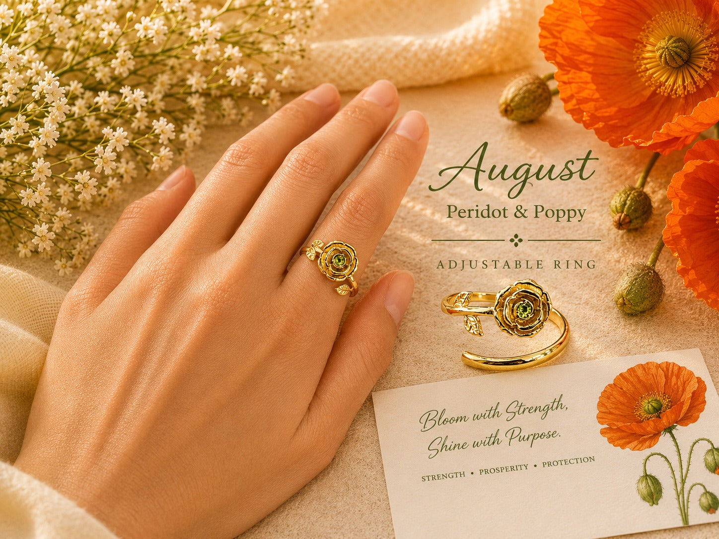 August Birth Flower Ring – Poppy & Peridot