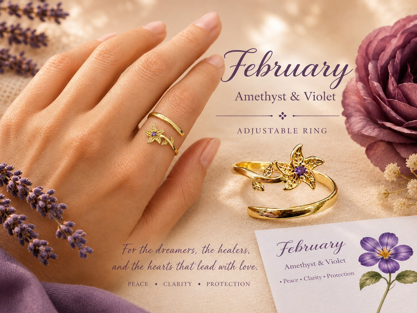 February Birth Flower Ring – Violet & Amethyst