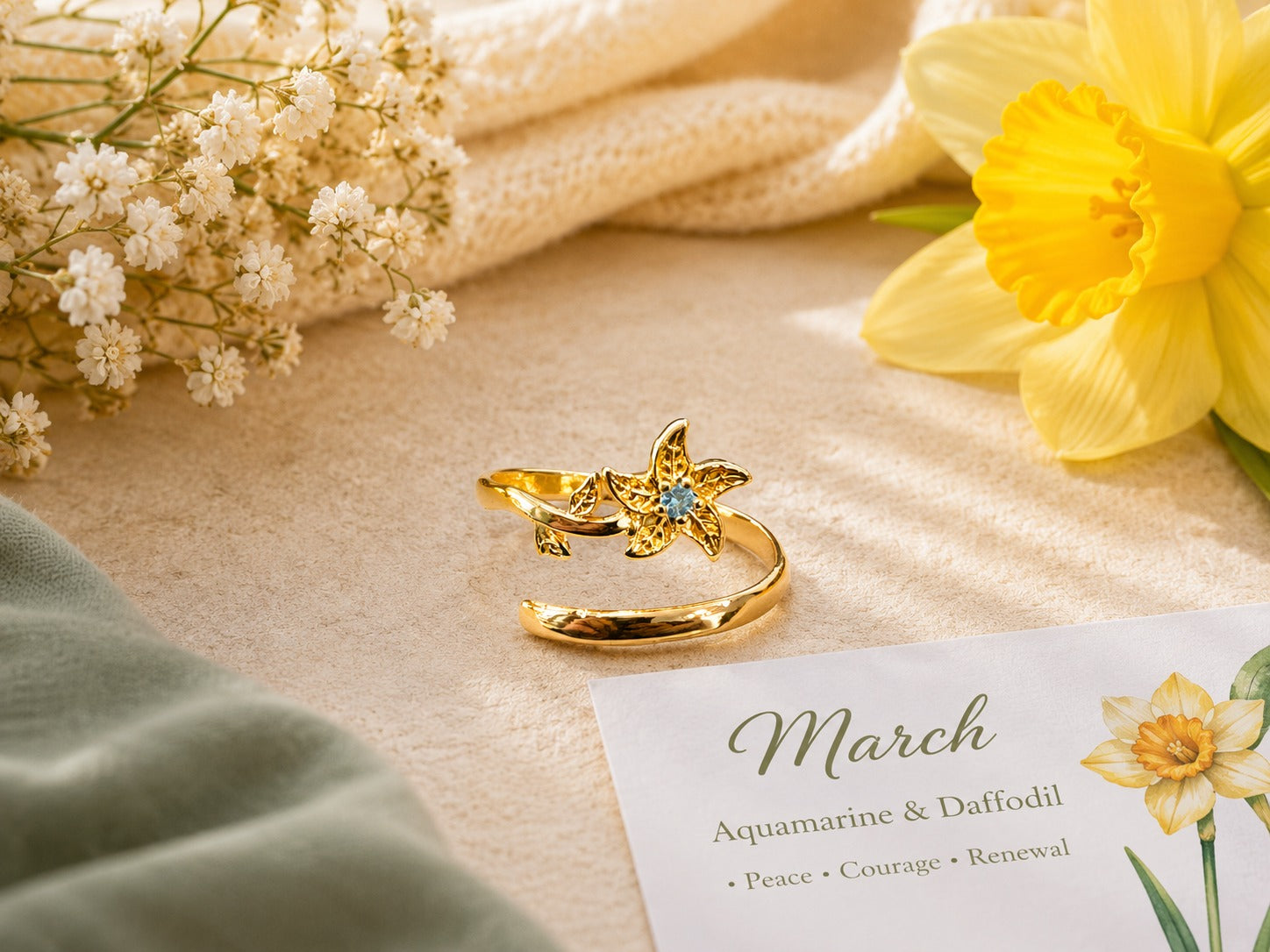 March Birth Flower Ring – Daffodil & Aquamarine