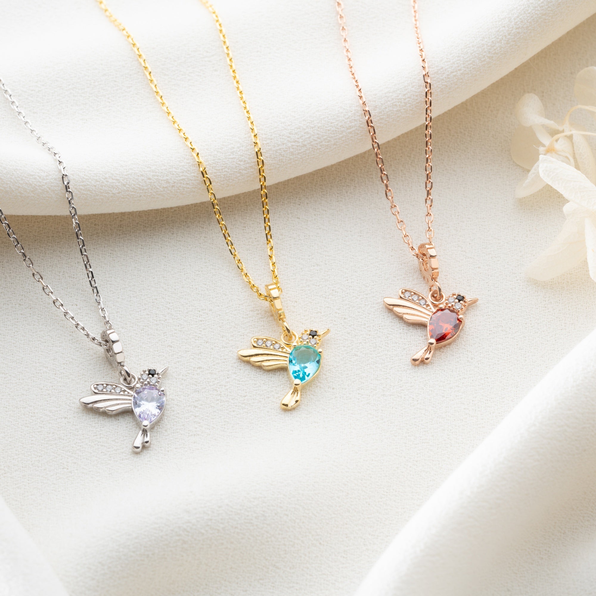 Personalized Hummingbird Birthstone Necklace