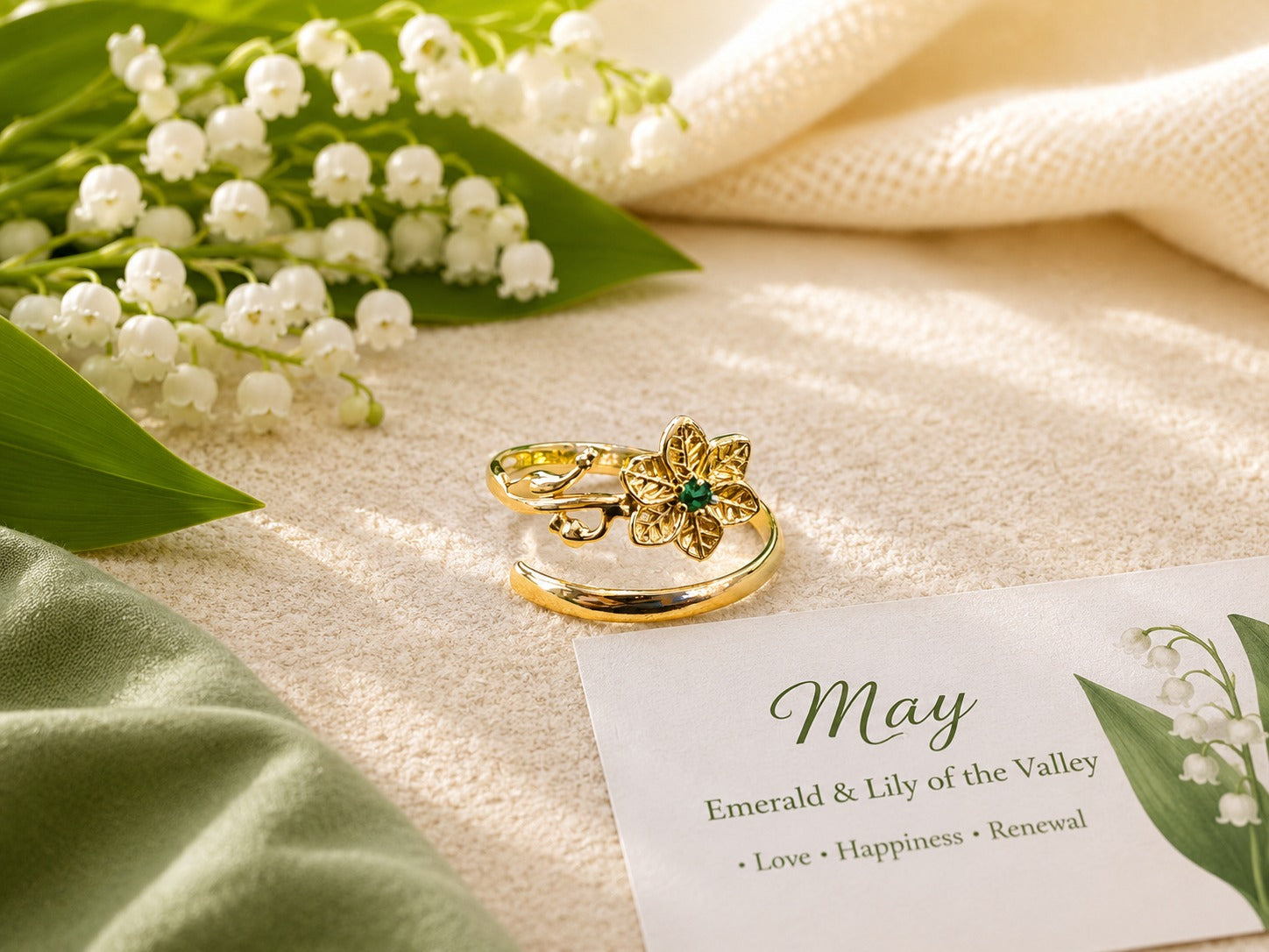 May Birth Flower Ring – Lily of the Valley & Emerald