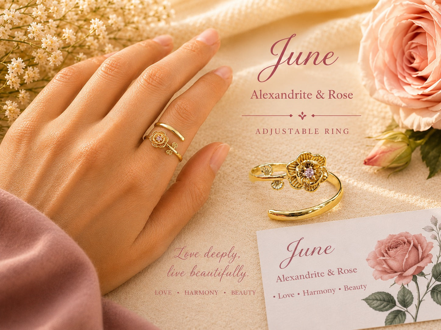 June Birth Flower Ring – Rose & Alexandrite