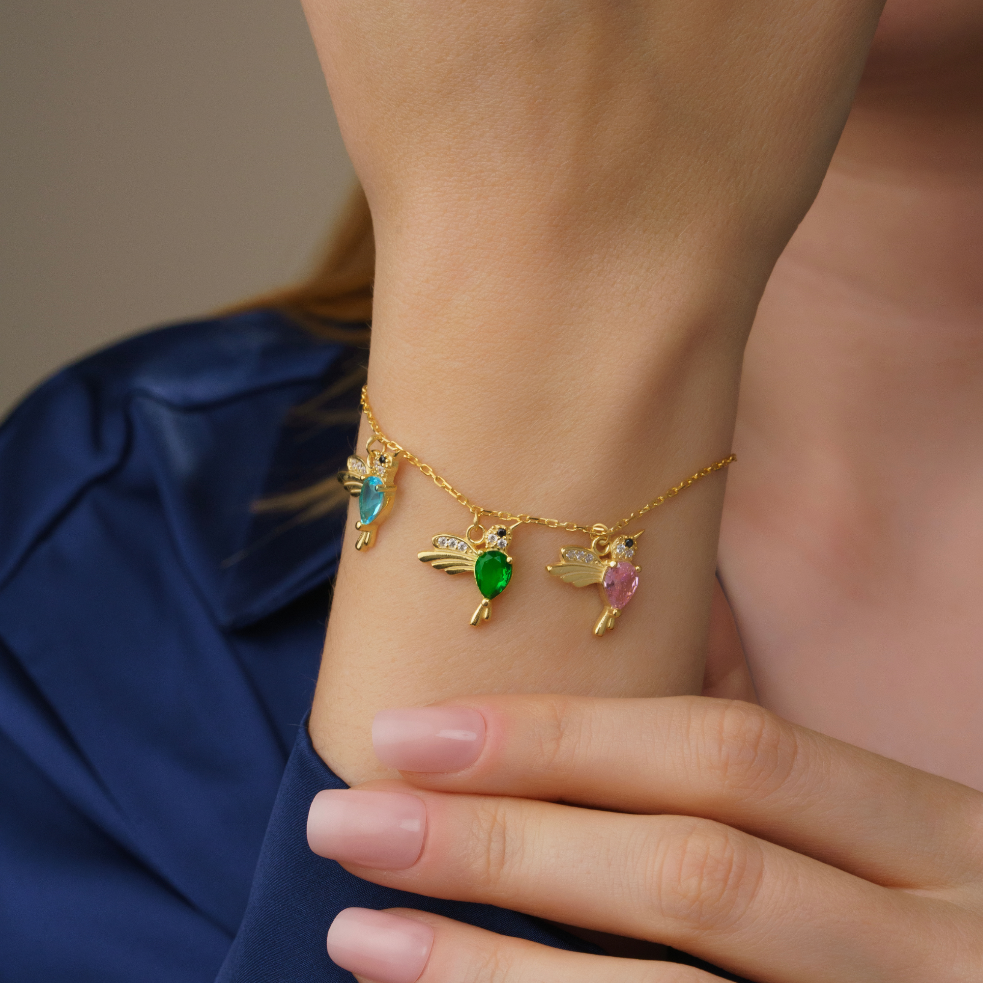 Dainty Hummingbird & Birthstone Bracelet