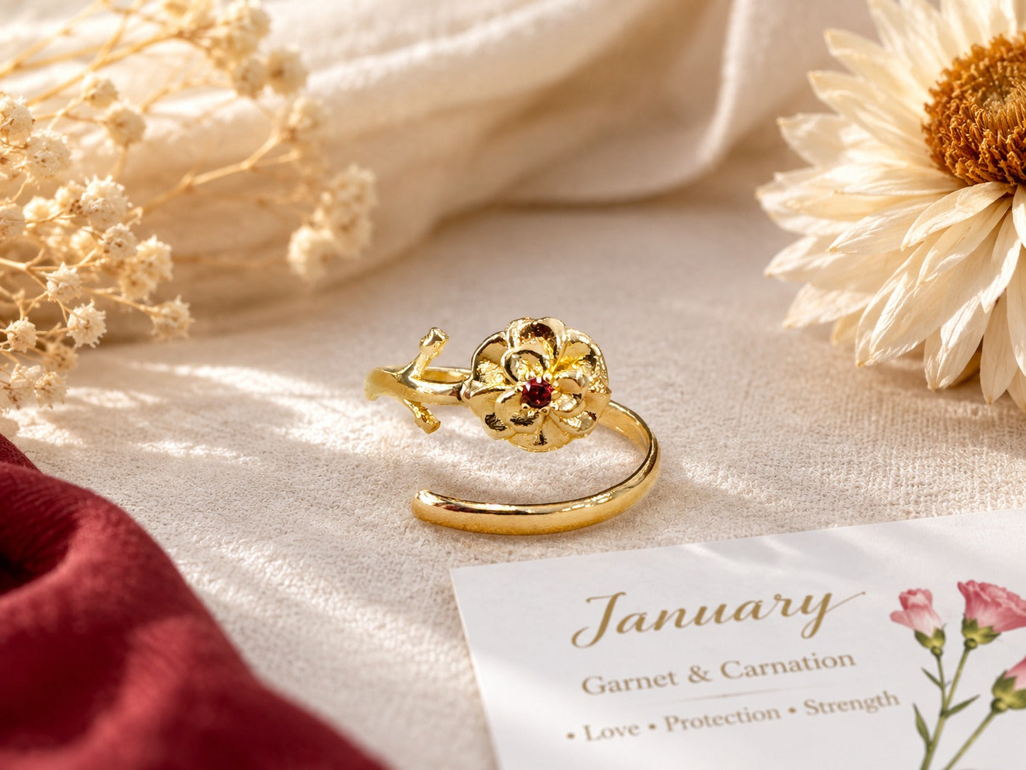 January Birth Flower Ring – Carnation & Garnet
