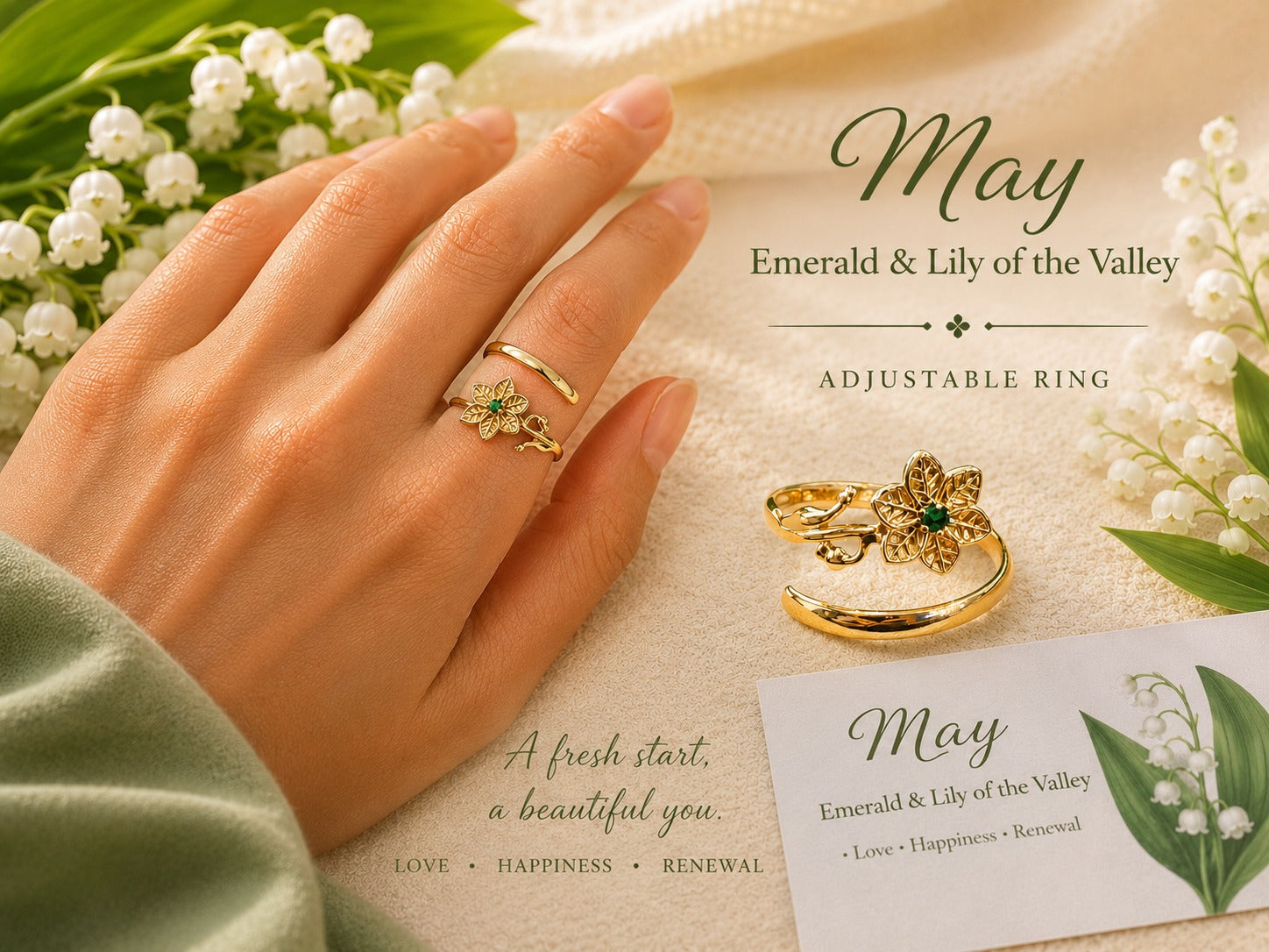 May Birth Flower Ring – Lily of the Valley & Emerald