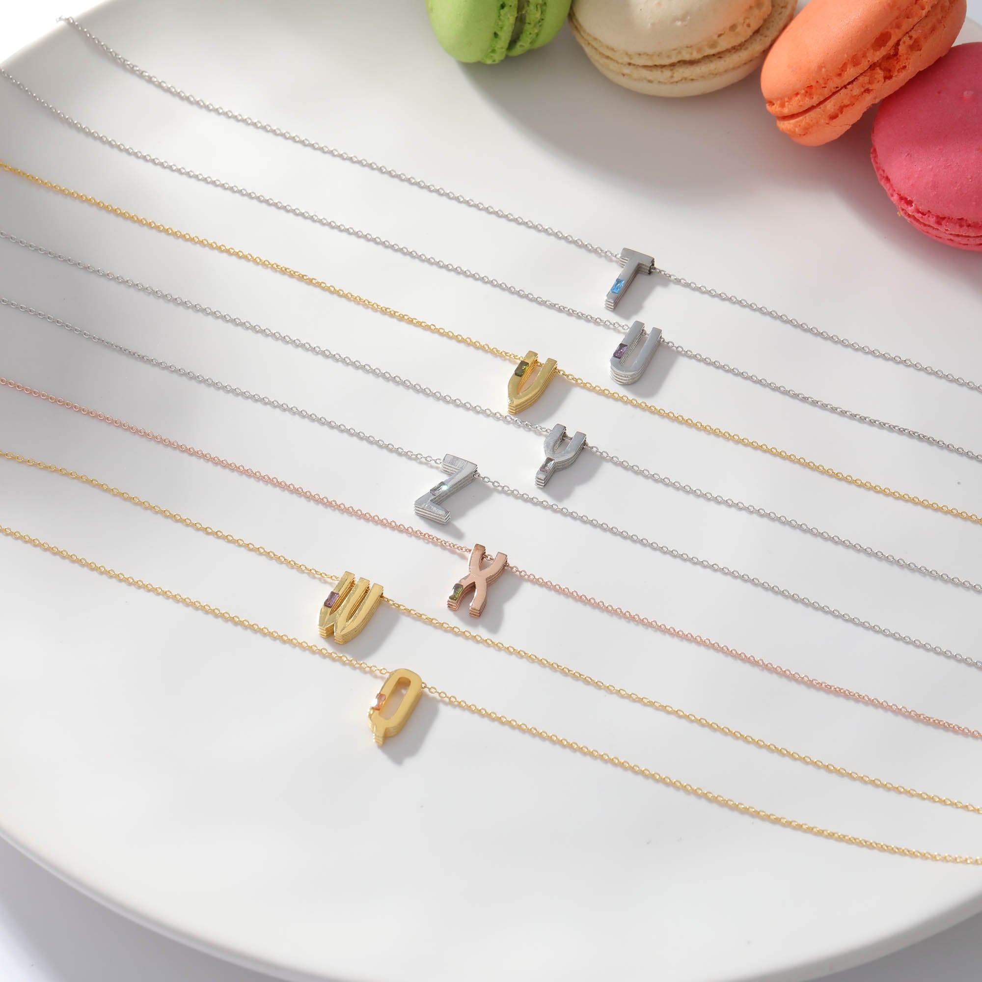 Dainty Initial Letter Necklace with Baguette Stone