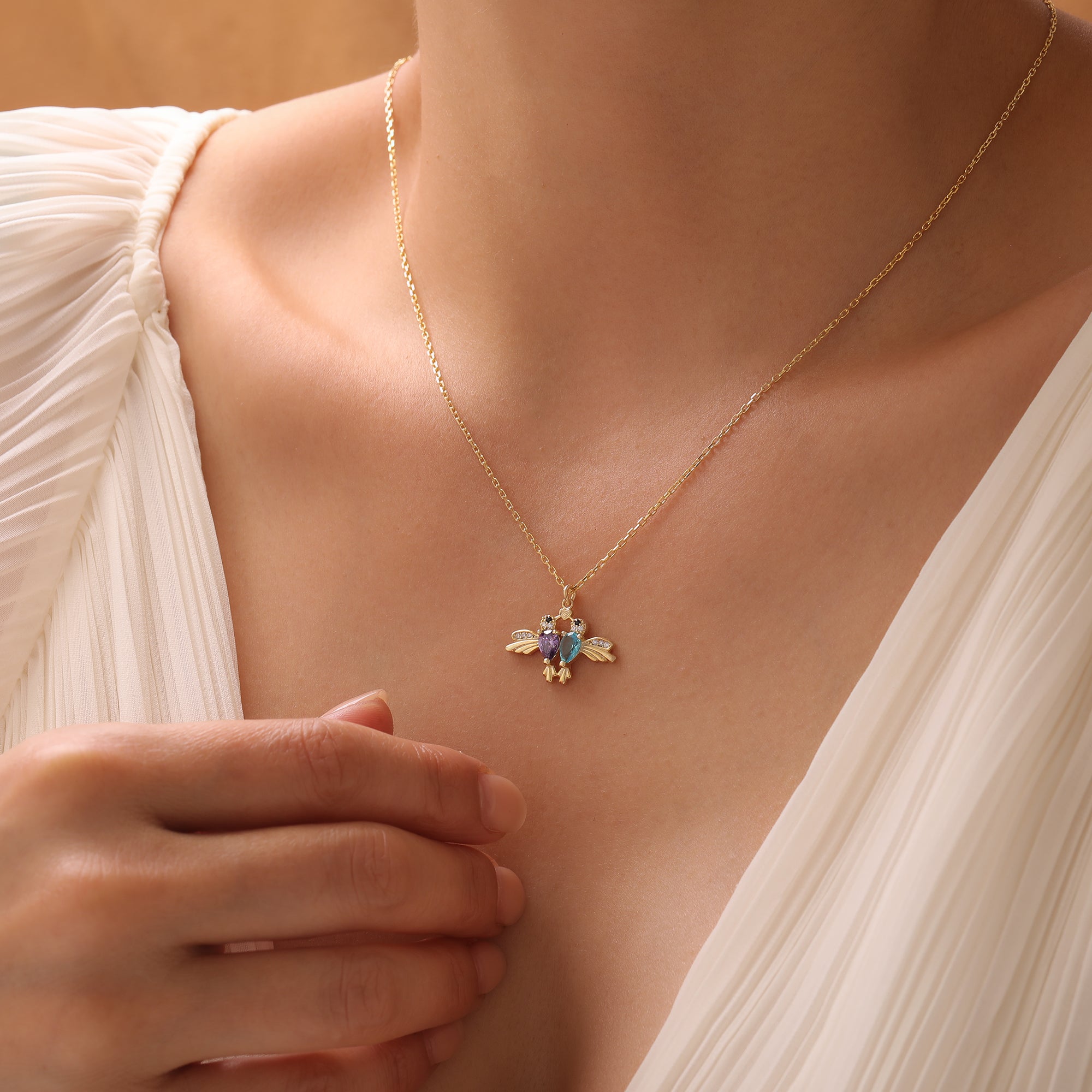 Dainty Bird & Birthstone Necklace