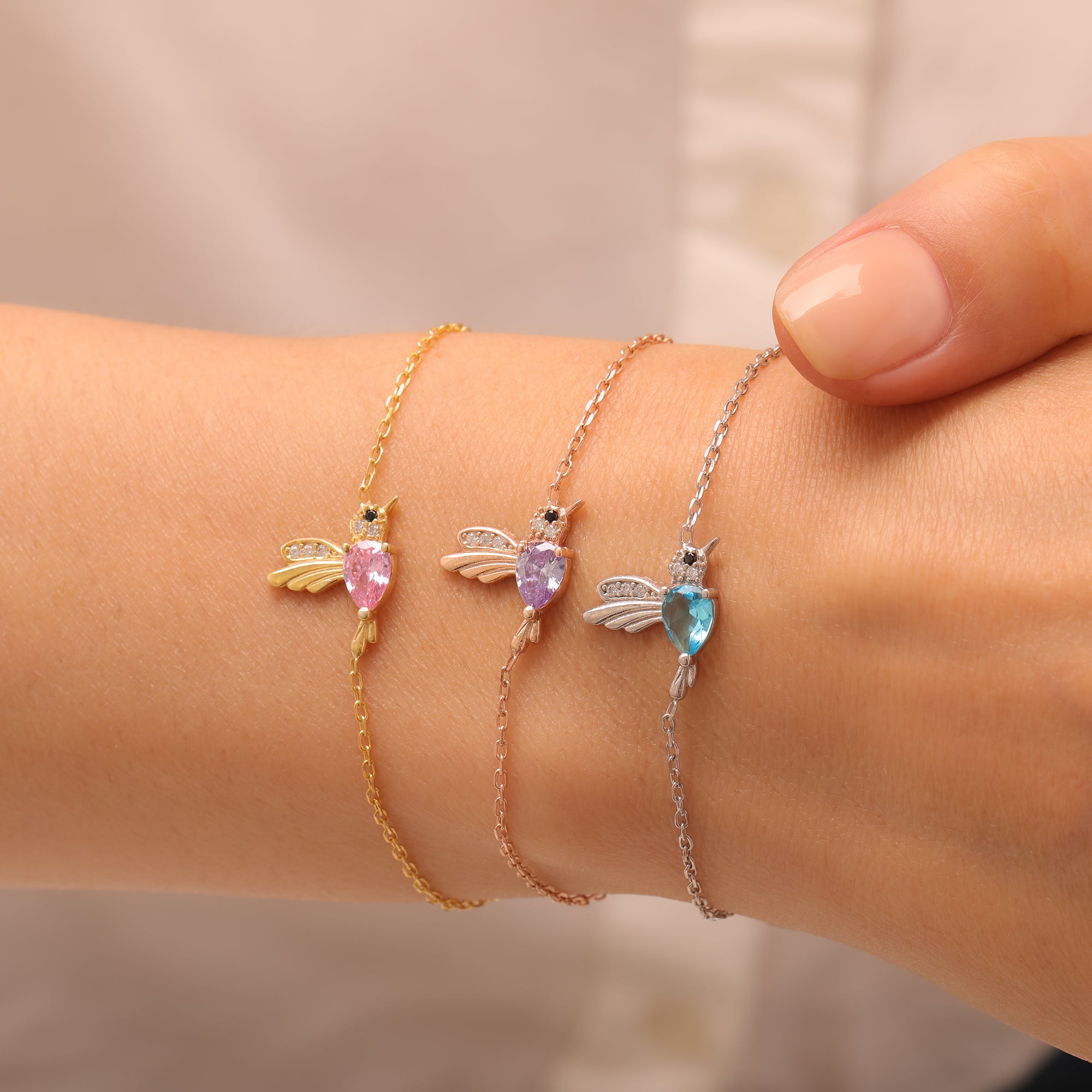 Dainty Hummingbird Birthstone Bracelet