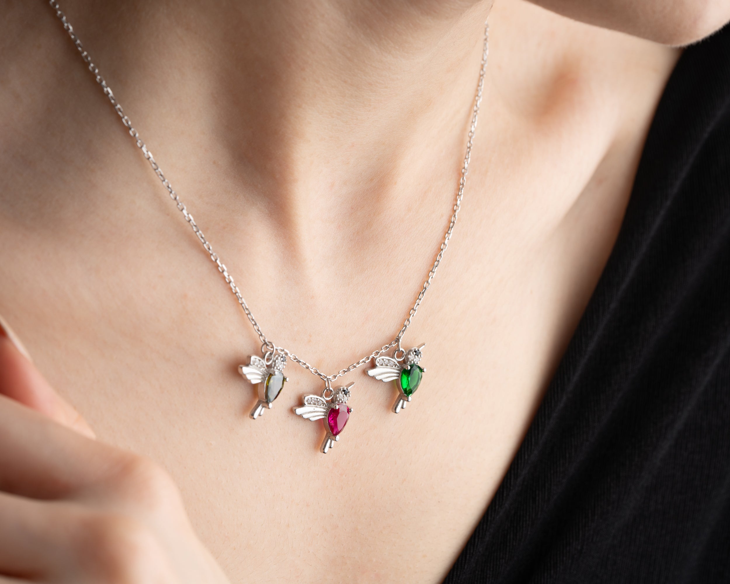 Personalized Family Hummingbird Birthstone Necklace