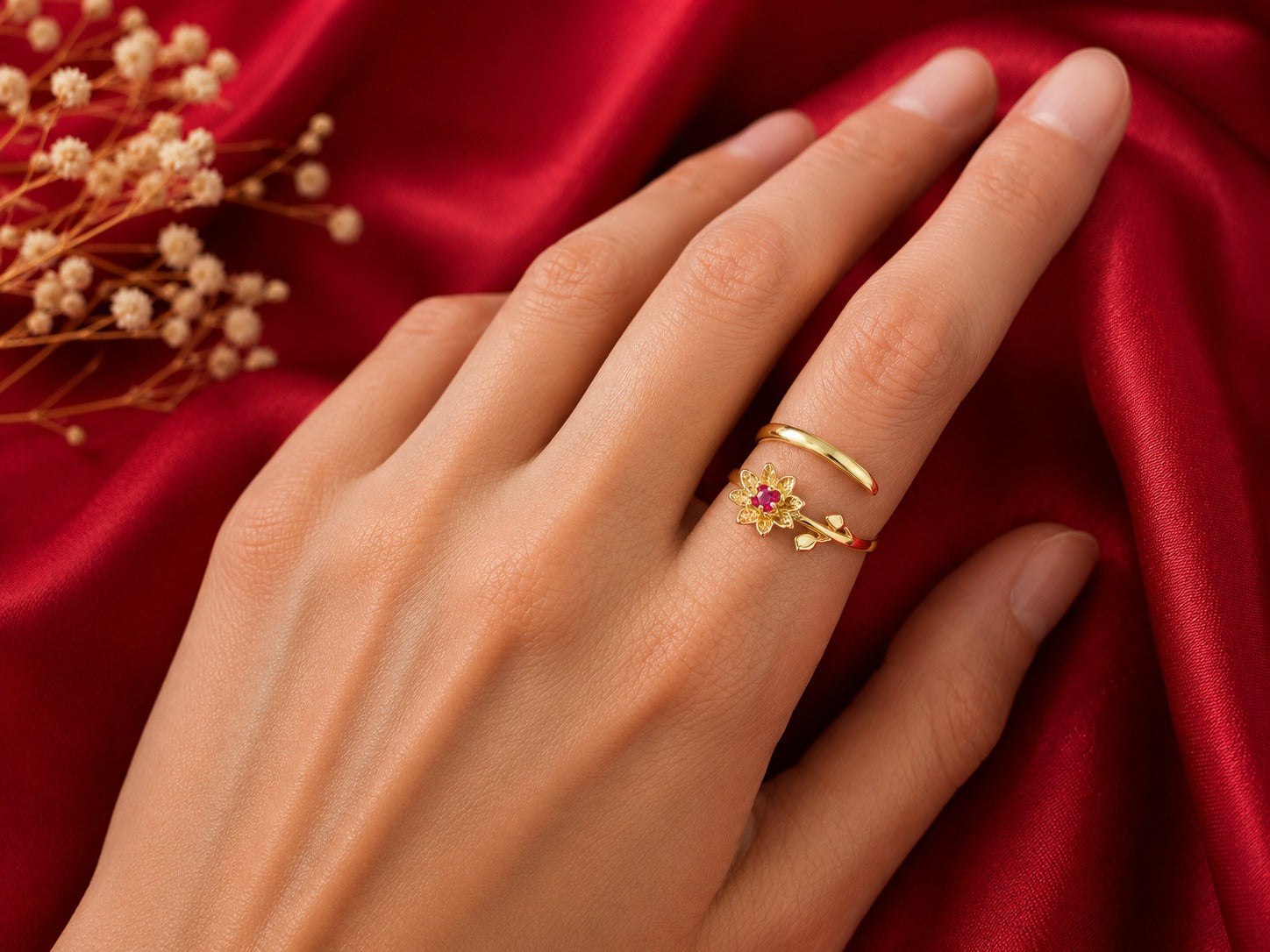 July Birth Flower Ring – Water Lily & Ruby
