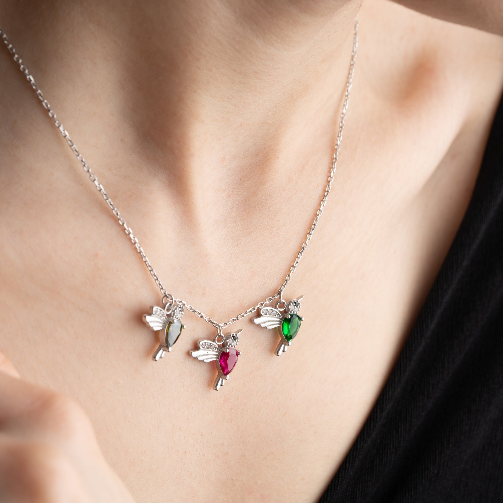 Personalized Family Hummingbird Birthstone Necklace